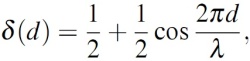 Equation 3: delta of d is equal to 0.5 plus 0.5 cos of 2 Pi d over lambda.