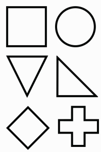 Figure 4a: Illutration showing six geometric shapes (square, circle, equilateral triangle, right triangle, diamond and plus).