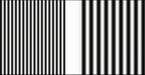 Figure 6: Illutration showing a square with a fine grating pattern on the left and a square with a coarse grating pattern on the right.