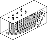 Figure 1a: Illustration of the actuation mechanism of a conventional Braille cell. Each of the cell's 8 pins sits on the tip of a long horizontal bar. At rest, the bar is straight and the pin doesn't come out of the cell's surface. When activated, the bar bends and lifts the pin out of the surface.