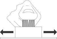 Figure 3a: Illustration of the strain applied by the VBD. This diagram shows a fingerpad pressed against the tactile display with the finger orthogonal to the linear slider on which the display rests. As the display moves horizontally on the slider, the tip of the tactile display's actuators move sideways along the same axis, stretching or compressing the skin.