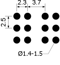 Figure 4a: Illustration of Braille dimensions with two Braille cells. The horizontal distance between adjacent dots is 2.3 mm within a cell, and 3.7 mm between cells. The vertical distance between dots is 2.5 mm. The diameter of a dot is between 1.4 and 1.5 mm.