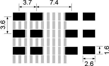 Figure 4b: Illustration of the dimensions of Virtual Braille with two Braille cells. The horizontal distance between adjacent dots is 3.7 mm within a cell, and 7.4 mm between cells. The vertical distance between dots is 3.6 mm. The vertical size of a dot corresponds approximatively to the width of the actuators (1.6 mm). Virtual dots span an horizontal distance of approximately 2.6 mm. The array of actuators is illustrated in the background, showing that 2 or 3 adjacent actuators are used at any time to render a single dot.