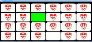 Figure 3a: A screenshot of the memory game showing an array of 6 by 4 cards. Two cards are shown face up, with the currently selected card highlighted in green. Both exposed cards are blank.
