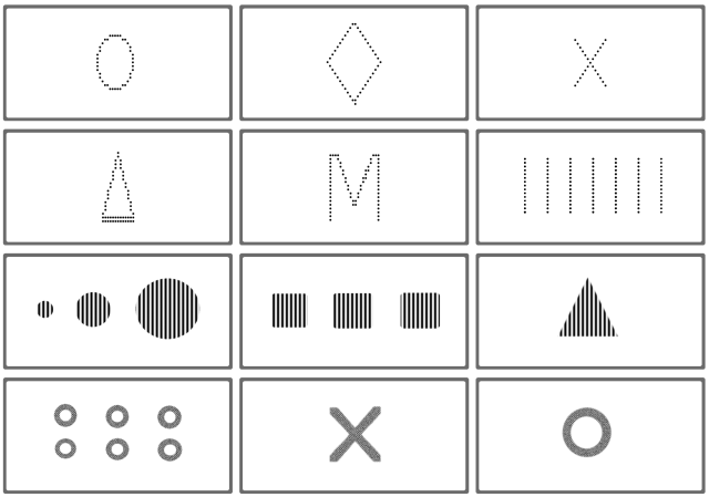 Figure 4: The set of 12 cards used for the game, with illustrations representing the corresponding tactile graphics. The six cards rendered with dots consist in an ellipse, a diamond, a triangle, a sequence of vertical lines, and the letters X and M. The three cards rendered with a grating texture consist in a sequence of 3 filled circles of varying size, a sequence of 3 filled squares of the same size, and a filled triangle. The three cards rendered with vibration consist in a set of six thick circles, a large circle, and the letter X.